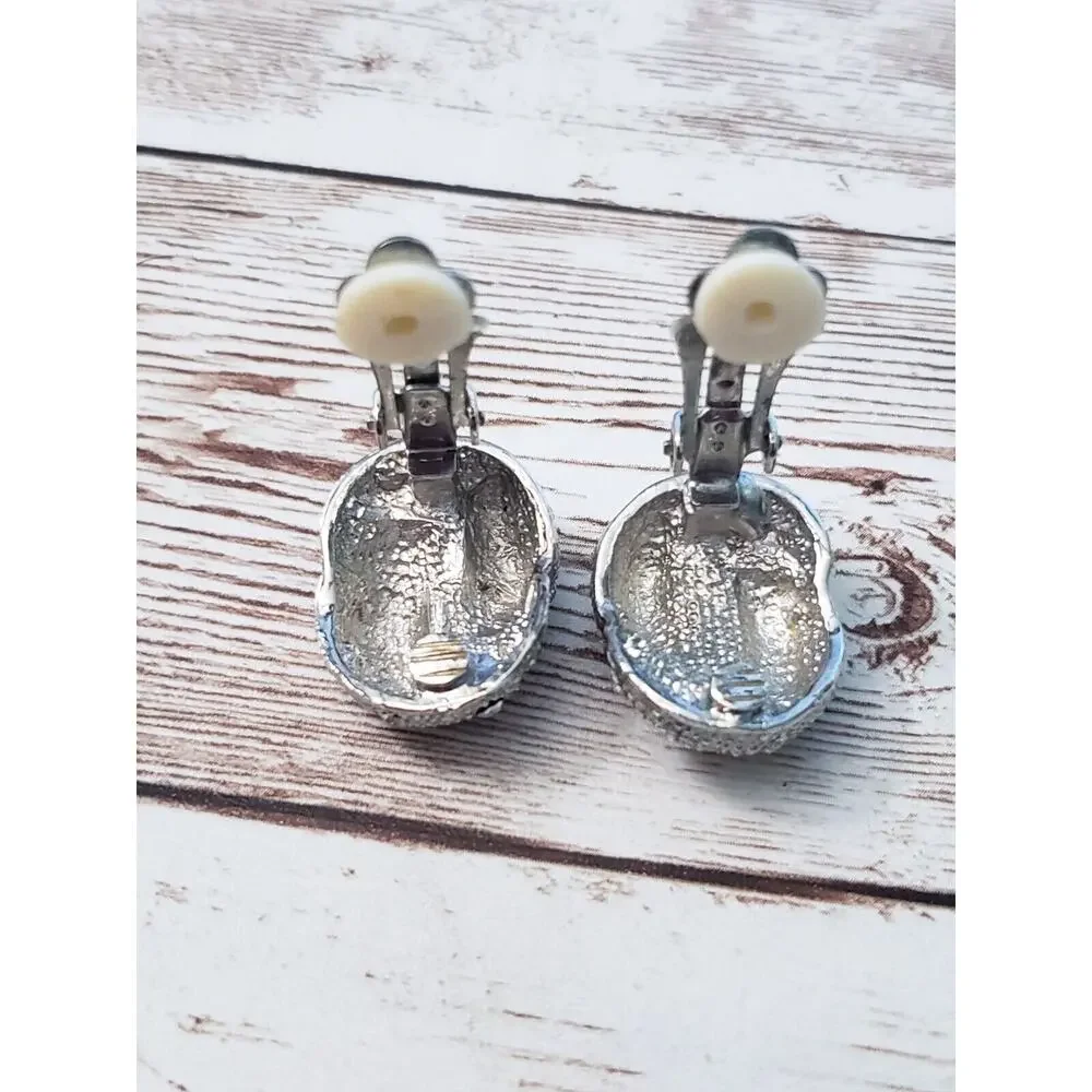 Vintage Clip On Earrings - Twisted Silver Tone & Clear Gem 1